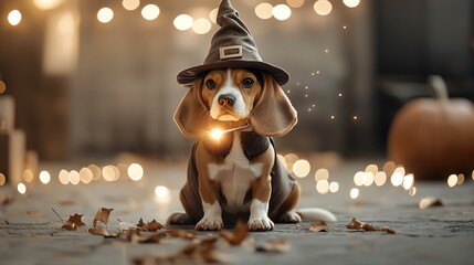 Beagle in a wizard costume casting spells with a glowing wand, wizard dog, magical Halloween pet