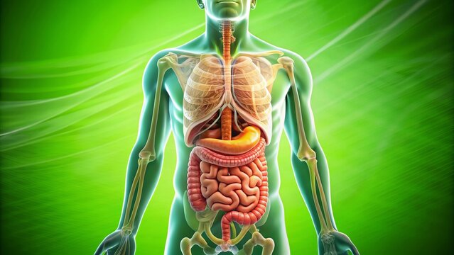 scientific illustrations of the human digestive system with bright green background