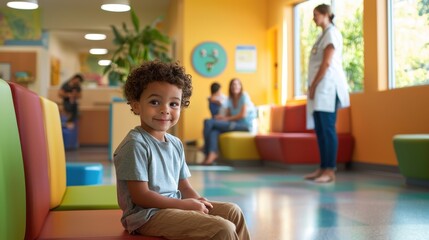 A child playing in a colorful waiting area while parents discuss their health concerns with a caring pediatrician