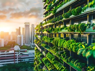 Obraz premium Eco Friendly Vertical Farm Powered by Renewable Energy Promoting Sustainable Agriculture in Urban Setting