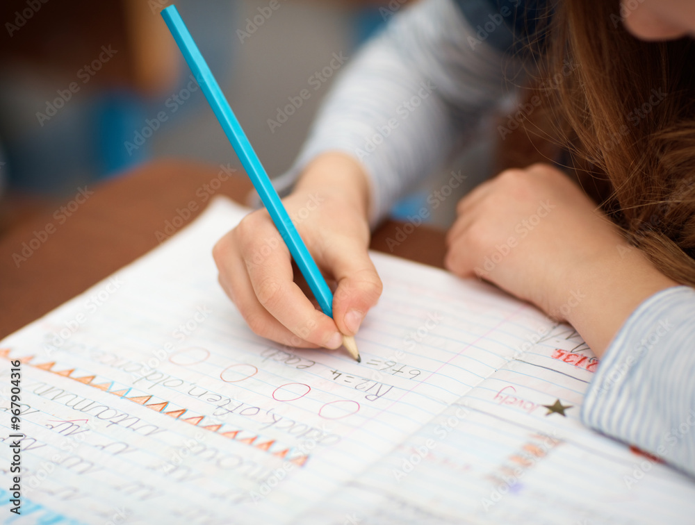 Aufkleber School, writing and hand of girl in classroom with test for growth, child development and education. Study, learning and student with math notes for knowledge test, exam or problem solving at desk