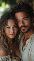 Fototapeta premium A youthful couple stands closely together outdoors, set against a tranquil natural backdrop, symbolizing young love and connection.