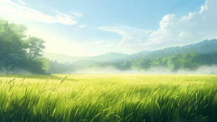 Fototapeta premium a field of green grass with the sun shining through the clouds