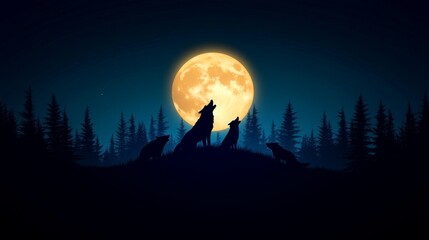 Fototapeta premium Silhouettes of wolves against a luminous full moon, creating a mystical atmosphere in a serene forest landscape.