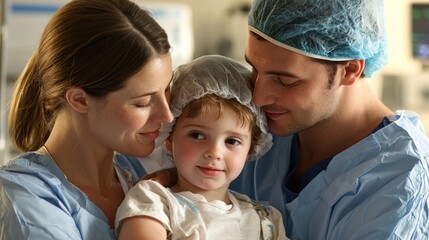 Parents comforting a child as they prepare for surgery in a calming hospital environment