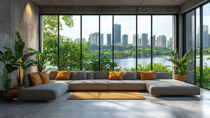 Fototapeta premium Modern living room with a sectional sofa and a view of the city.