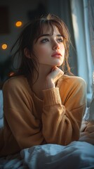 Naklejka premium Woman in a cozy beige sweater gazes out the window enveloped in soft lighting. Her pensive expression evokes a sense of contemplation and gentle introspection.