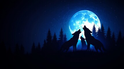Fototapeta premium A captivating scene of wolves howling at a full moon surrounded by dark silhouettes of trees, evoking a mystical atmosphere.