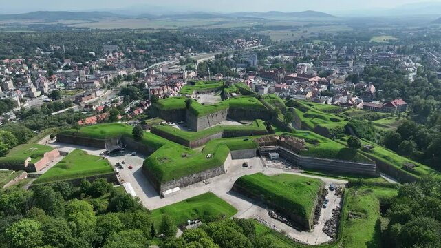 Klodzko Fortress (German: Festung Glatz) &ndash; a preserved fortress in Klodzko, a defense system from the 17th and 18th centuries in Poland. Aerial drone view of Klodzko Fortress and town Klodzko