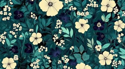 Seamless Floral Decorative Pattern on Deep Green Background