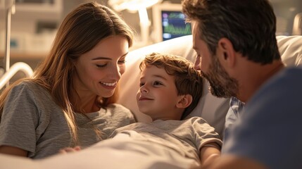 Obraz premium Parents comforting a child after a successful surgery in a softly lit hospital recovery room