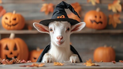 Goat wearing a witch hat and cape in a haunted barnyard, witch goat, Halloween farm animal