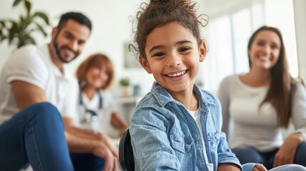 Recovering patient smiling as they receive physical therapy at home surrounded by supportive family