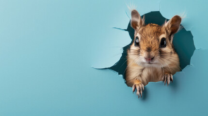 cute numbat peeking through a hole in a blue paper wall