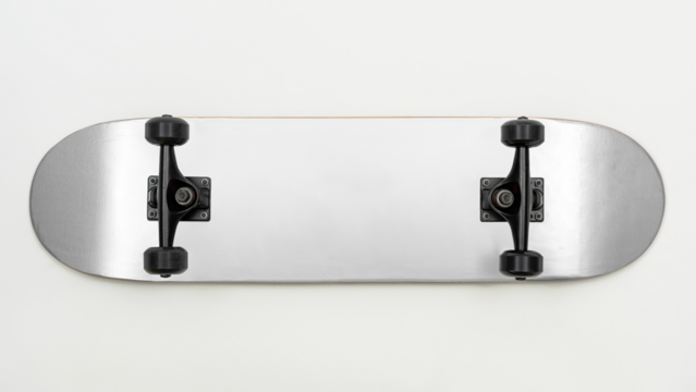 Silver skateboard with black wheels design element