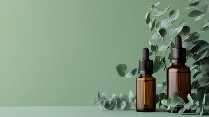 Side view of essential oil bottles and a fresh eucalyptus plant, isolated on a clean green background with space for branding