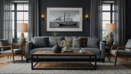 Living room with a gray sofa, wooden coffee table, and a large blank frame on the wall.