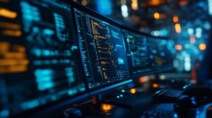 Fototapeta premium Close-up of computer screens with coding and data, showcasing a high-tech workspace with a focus on software development and cybersecurity.