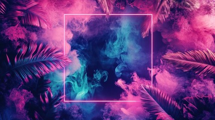 Fototapeta premium Neon Light Frame Surrounded by Pink and Blue Smoke with Palm Leaves