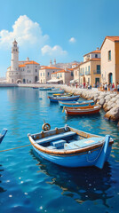 Mediterranean Seaside Town with Lighthouse and Boats