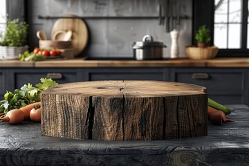 A wooden cutting board sits on a counter with a variety of vegetables