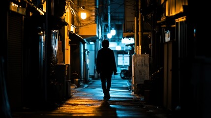 Fototapeta premium A solitary figure walks through a dimly lit, atmospheric alley at night.