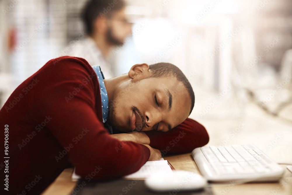 Poster Man, university student and sleeping in library by computer with burnout, exhausted or rest with studying. Person, tired and fatigue with dream by pc for education, learning or development at college