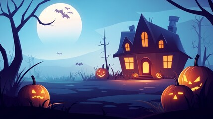 Fototapeta premium A spooky Halloween scene featuring a haunted house, illuminated pumpkins, and a full moon, perfect for seasonal themes.
