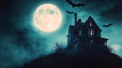 Fototapeta premium A spooky, haunted house silhouette under a full moon with bats flying in the eerie night sky, perfect for Halloween themes.
