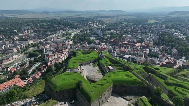Klodzko Fortress (German: Festung Glatz) &ndash; a preserved fortress in Klodzko, a defense system from the 17th and 18th centuries in Poland. Aerial drone view of Klodzko Fortress and town Klodzko
