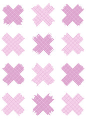 Set of paper sheets isolated on white. Pieces of decorative tape for scrapbooks. Washi tapes collection in vector. Ripped paper. Torn pieces of paper from a notebook in a cell. Pink ribbons