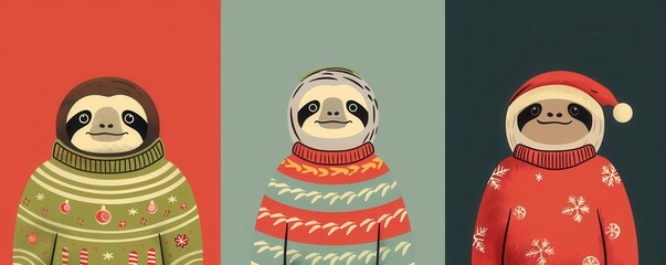 Sloths in Christmas sweaters, holiday relaxation, flat design illustration, copy space for text, focus cover all object, deep dept of field