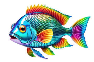 Cartoon rainbow fish, 3D style, full body, centered isolation against white backdrop, high-resolution stock photo, vibrant colors, ultra-clear, dramatic lighting