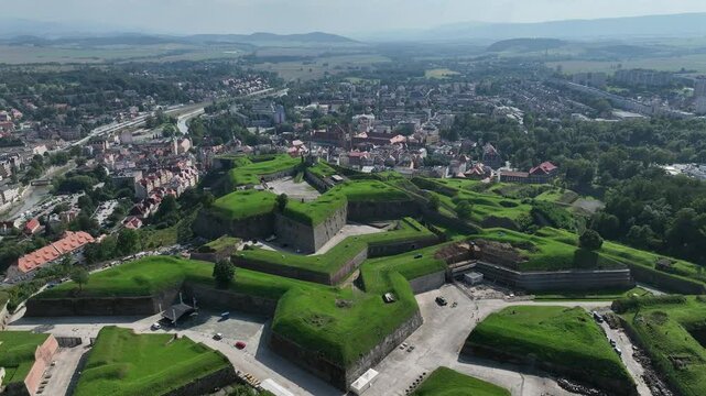 Klodzko Fortress (German: Festung Glatz) &ndash; a preserved fortress in Klodzko, a defense system from the 17th and 18th centuries in Poland. Aerial drone view of Klodzko Fortress and town Klodzko