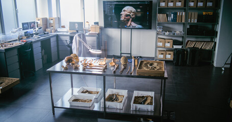 Archaeological science laboratory with advanced equipment. Specimen collection of fossil bones of...