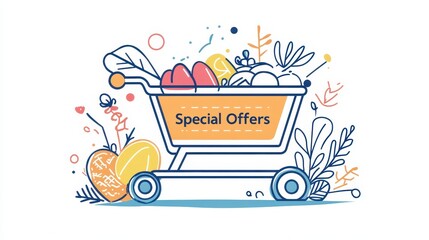 A vibrant shopping cart overflows with fresh fruits and vegetables, highlighting special offers in a minimalist style