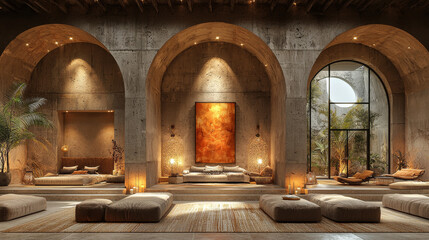 Obraz premium A modern, minimalist lounge space with arched doorways and a large window looking out onto a lush courtyard.