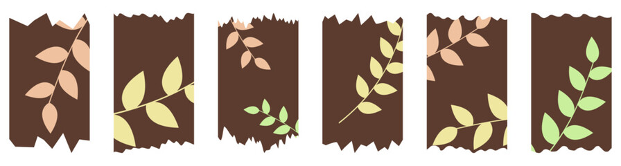 Set of brown washi tapes with leaves pattern isolated on white. Washi tape collection in vector. Pieces of decorative tape for albums. Torn paper	