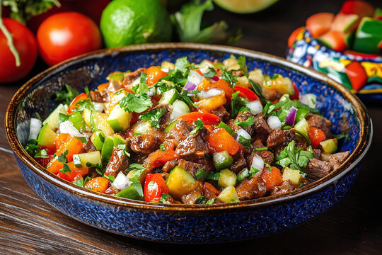 a traditional Cuban dish, such as ropa vieja, presented on a rustic wooden table with colorful, handmade ceramic plates and tropical fruits