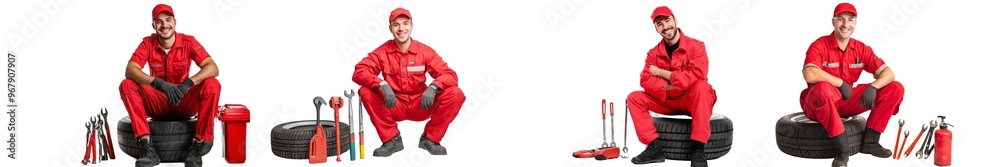 Canvas Prints This is a portrait of a mechanic sitting on a tire on a white background