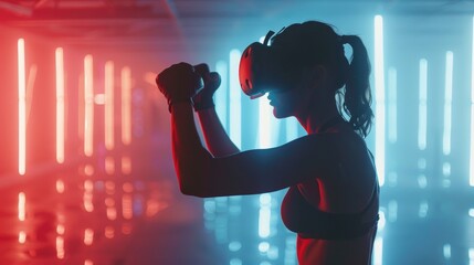 A woman using a virtual reality headset while exercising in a modern gym with dynamic neon lighting and a futuristic ambiance.