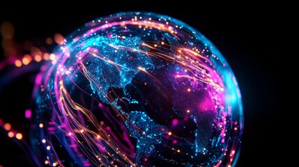 Obraz premium Futuristic digital globe with bright neon lights and glowing lines representing global communication and connectivity.