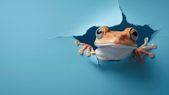 cute xenarthra edentata peeking through a hole in a blue paper wall