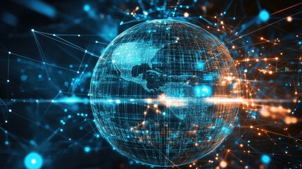 Fototapeta premium A digital innovation concept with a glowing, transparent globe surrounded by interconnected lines and data points, representing global connectivity and the internet of things (IoT).