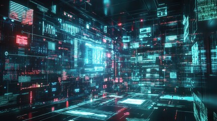 A futuristic concept of digital innovation with a 3D holographic interface displaying interconnected data streams, representing cutting-edge technology.