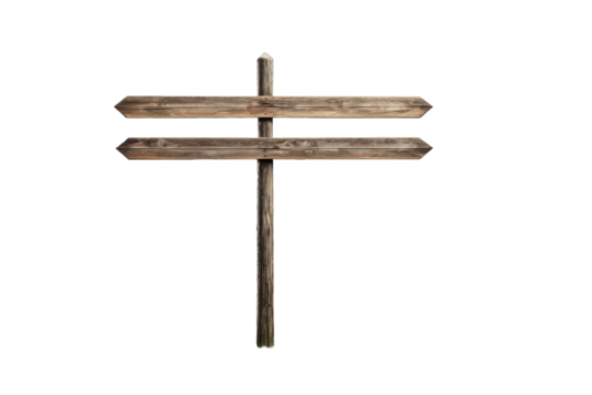 Empty wooden sign post, centered, full-body view, isolated against a pristine white background, natural wood texture, soft shadow beneath, high resolution image, stock photography style, ultra clear