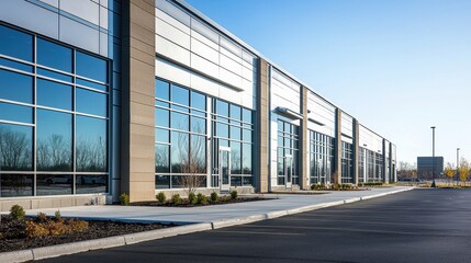 Obraz premium Expansive Modern Commercial Building with Sleek Glass Facade in Urban Setting