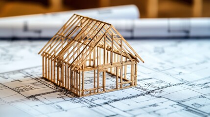 Wooden frame house blueprint plan for home construction or renovation project