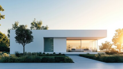 A sleek, minimalist white house with clean lines, large windows, and a simple outdoor garden, showcasing a modern and airy architectural design. Ample copy space for text or branding