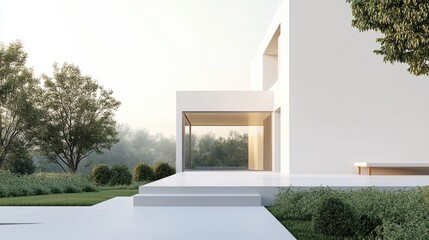 A sleek, minimalist white house with clean lines, large windows, and a simple outdoor garden, showcasing a modern and airy architectural design. Ample copy space for text or branding